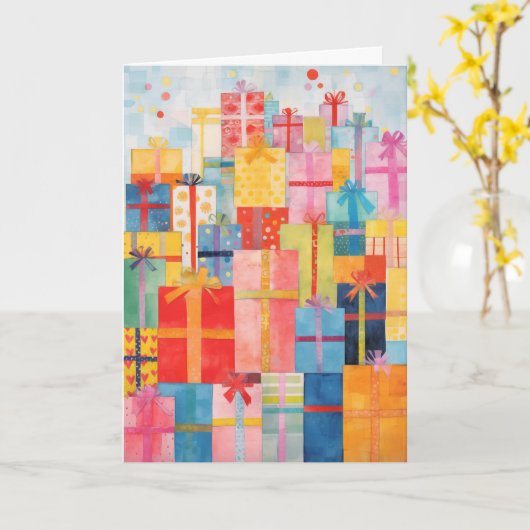 Stapels van verpakte geschenken kerst Kaart (Gele Bloem)