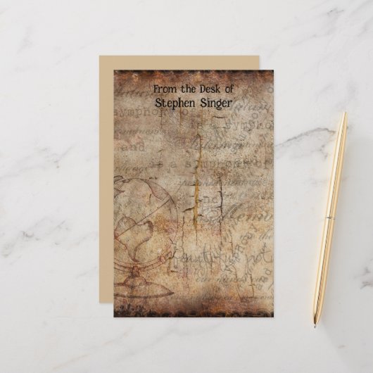 Stapsgewijs reisblad voor Steampunk-Wereldbol Briefpapier (Voorkant / Achterkant in situ)