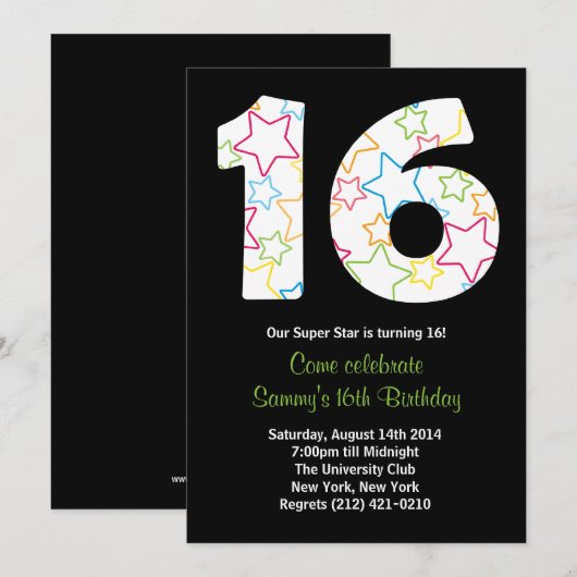 Star 16th Birthday Party Invitation Kaart (Voorkant / Achterkant)