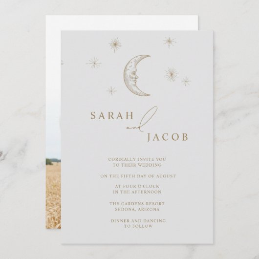 Star and Moon Celestial Photo Wedding Invitation (Devant / Derrière)