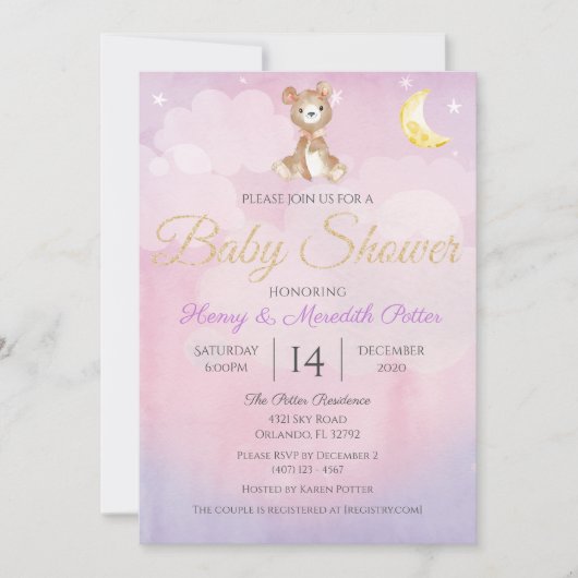 Star and Moon Teddybeer Paarse meisjes Baby shower Kaart (Voorkant)