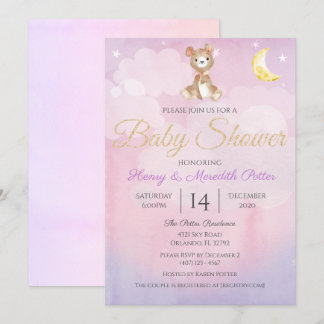 Star and Moon Teddybeer Paarse meisjes Baby shower Kaart