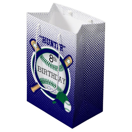Star Baseball Player Birthday - Green en Blue Medium Cadeauzakje (Voorkant Gekanteld)