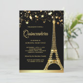 Star Confetti Gold Eiffel Tower Black Quinceanera Kaart (Staand voorkant)