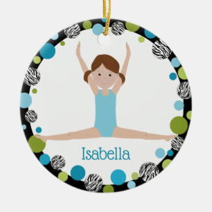 Star Gymnast Brown Ponytails in Aqua en Green Keramisch Ornament