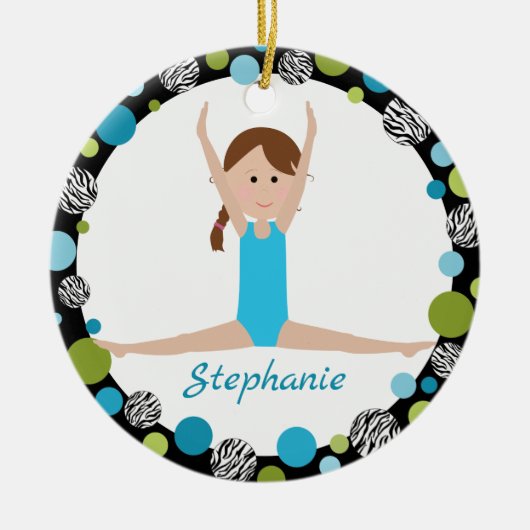 Star Gymnast met bruin Braid in Aqua en groen Keramisch Ornament (Voorkant)