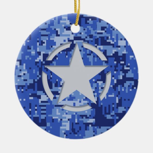 Star Label Decal Navy Blue Camo Keramisch Ornament (Voorkant)