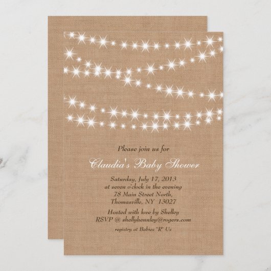 Star Lights on Burlap Baby shower Invitation Kaart (Voorkant / Achterkant)