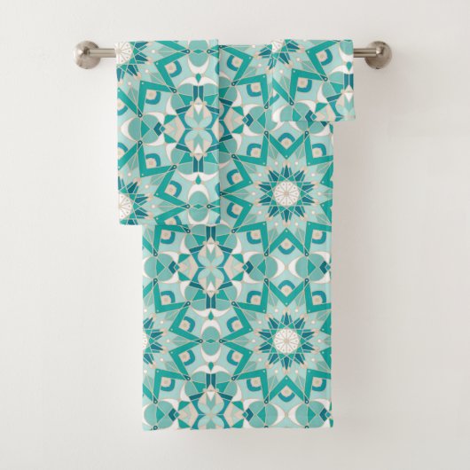 Star Mandala Pattern, Aqua, Turquoise, Cream Bad Handdoek (Insitu)
