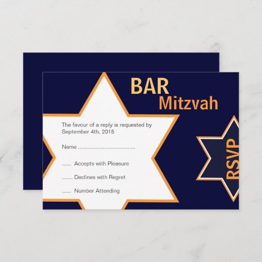 Star of David Bar Mitzvah Orange & Blue RSVP (Devant / Derrière)