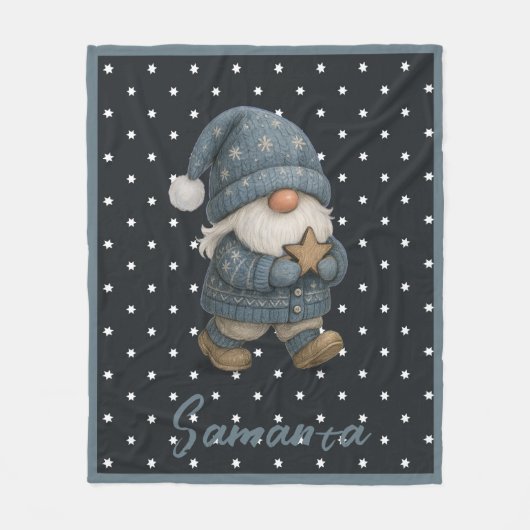 Star pattern gnome blue beige name fleece deken (Voorkant)