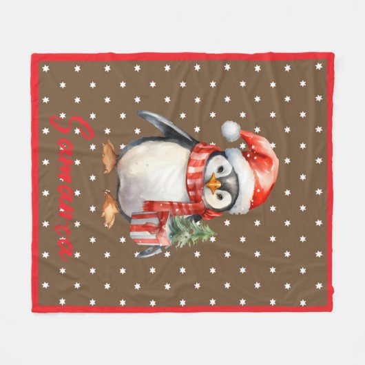 Star pattern penguin brown red name fleece deken (Voorkant (Horizontaal))