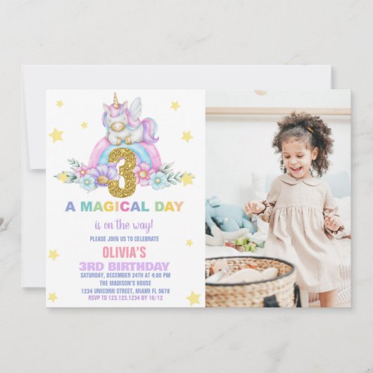 Star Rainbow Unicorn Anniversaire Invitations avec (Devant)