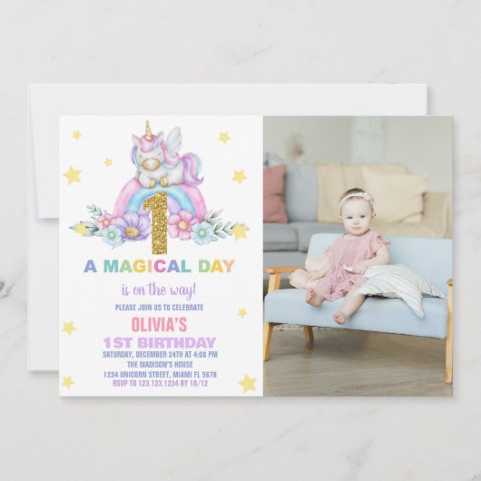 Star Rainbow Unicorn Anniversaire Invitations avec (Devant)