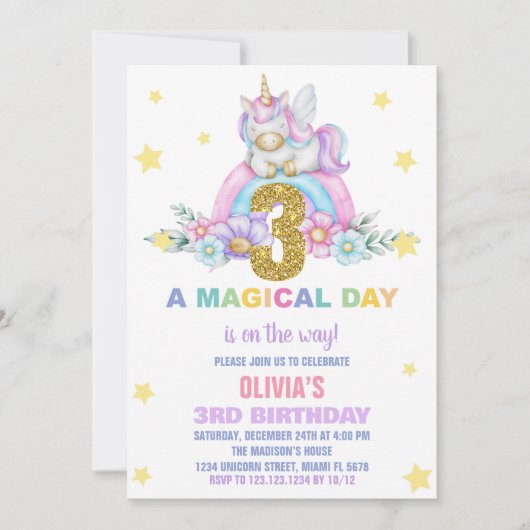 Star Rainbow Unicorn Invitations Anniversaire Vol (Devant)