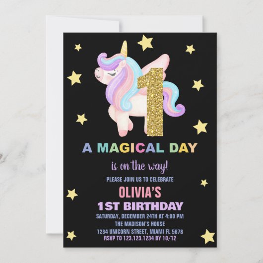 Star Rainbow Unicorn Invitations Anniversaire Vol (Devant)