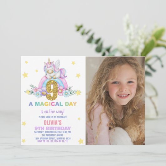 Star Rainbow Unicorn Verjaardag Uitnodigingen een (Staand voorkant)