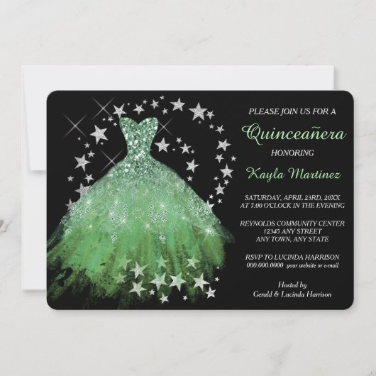 Star Shimmer Spring Green Quinceanera Uitnodiging (Voorkant)