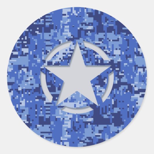 Star Stencil Retro Navy Blue Camouflage Ronde Sticker (Voorkant)