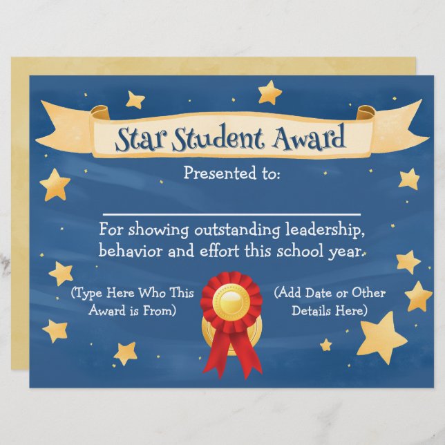Star Student Award Certificaat School Kinder 8.5x1 (Voorkant / Achterkant)