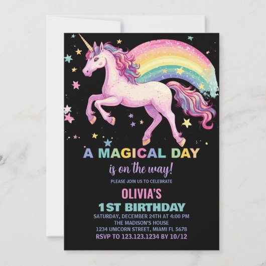 Star Unicorn Rainbow Invitations d'anniversaire (Devant)