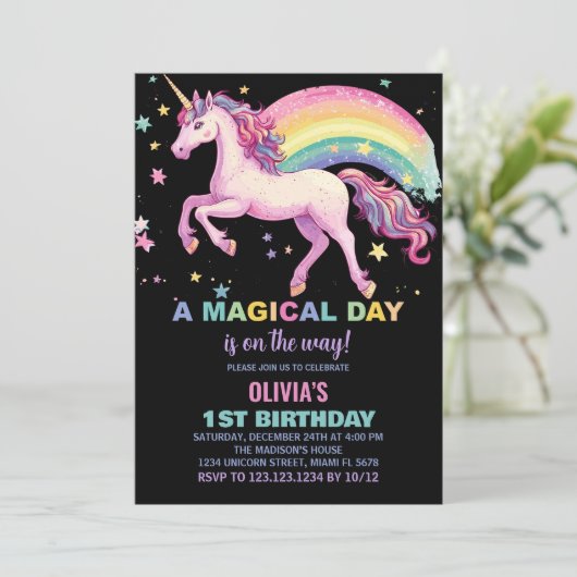 Star Unicorn Rainbow Verjaardagsuitnodigingen Kaart (Staand voorkant)