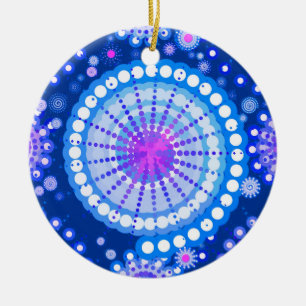 Starbursts en pinwielen, kobaltblauw & wit keramisch ornament