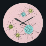 Starburts atomiques rose Iconique Horloge Mur Acry<br><div class="desc">Ce motif à mural acrylique rose Iconique Starbursts Arrondi présente des étoiles atomiques emblématiques. C'est vrai ! L'ancienne école, l'arrière - plan de couleur rose Première dame avec des taches d'or est la toile de fond parfaite pour le céleri turquoise, apaisant et kitsch cercles de couleur vert poire. Les taches...</div>