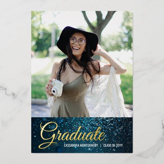 Stardust Blue Foil Faire-part de graduation photo (Recto)