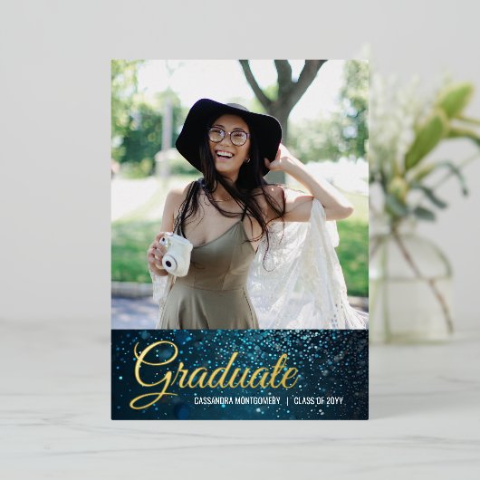 Stardust Blue Foil Faire-part de graduation photo (Debout devant)