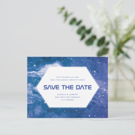 Stardust Cosmic Blue Opslaan van de datum Briefkaart (Staand voorkant)