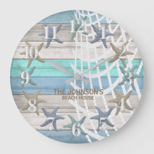 Starfish and Beach Wood Nautical - Blue Blauwgroen Grote Klok