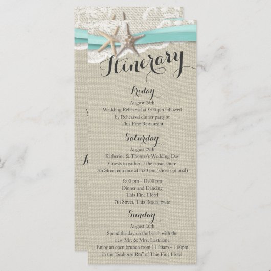 Starfish and Lace Rustic Beach Wedding Itinerary Programma (Voorkant / Achterkant)