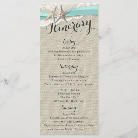Starfish and Lace Rustic Beach Wedding Itinerary Programma (Voorkant)