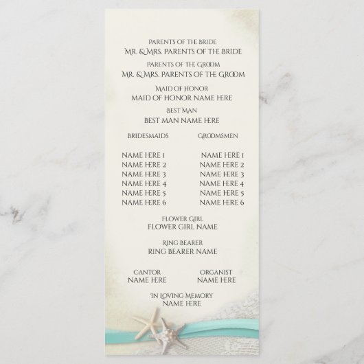 Starfish and Lace  strand Wedding Program Programma (Achterkant)