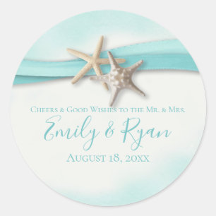 Starfish and Ribbon Turquoise Wedding Ronde Sticker
