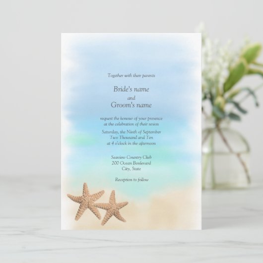 Starfish Beach Theme Wedding Invitting Kaart (Staand voorkant)