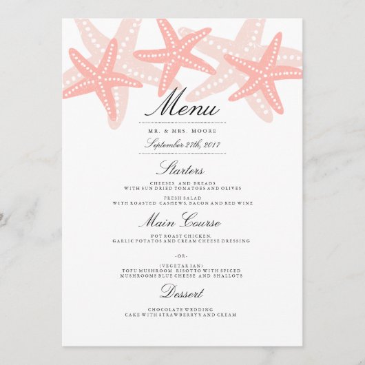 Starfish Beach Wedding Dinner Menu Peach (Devant)