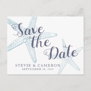 Starfish Beach Wedding Dusty Blue Save the Date Aankondigingskaart