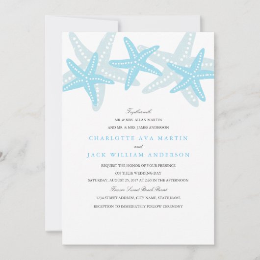 Starfish Beach Wedding Invitation Bleu (Devant)