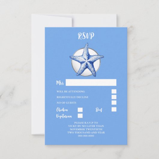 Starfish blauw wit zilver bruiloft reactie RSVP kaartje (Voorkant)