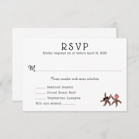 Starfish Bride n Groom Repas Menu Carte RSVP (Devant / Derrière)