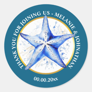 Starfish bruiloft blauw wit strand thema rond ronde sticker