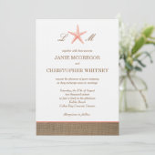 Starfish Burlap Rustic Beach Wedding Invitations Kaart (Staand voorkant)