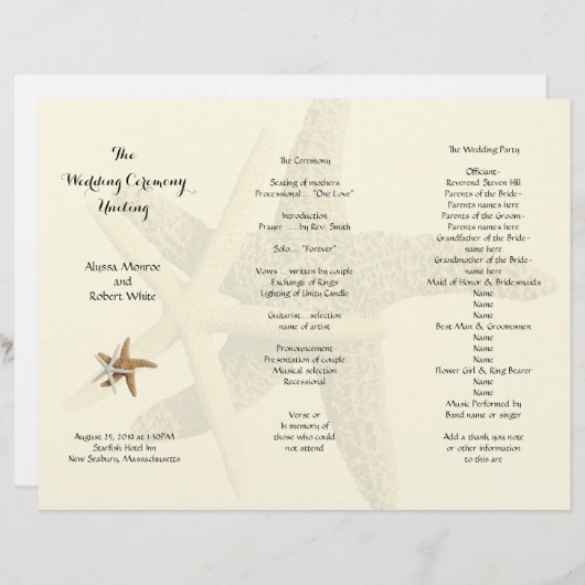 Starfish Couple Cream Tri-Fold Wedding Programme (Devant / Derrière)