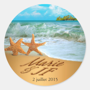 Starfish Couple vraagt om je namen in de zand te l Ronde Sticker