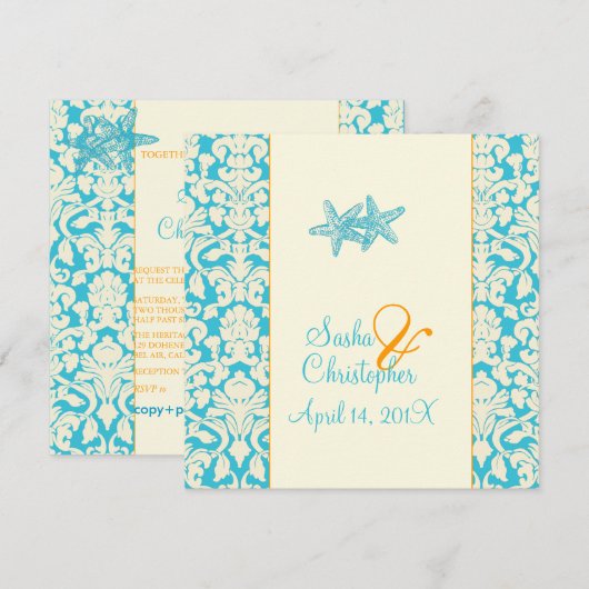 Starfish + damask/aqua Wedding Invitations (Devant / Derrière)