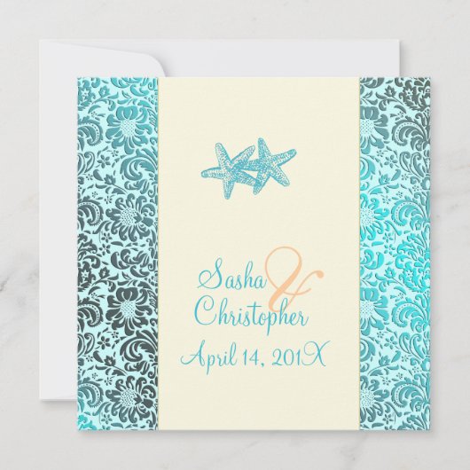 Starfish + damask Wedding Invitting Kaart (Voorkant)