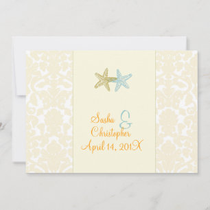 Starfish + damask Wedding Invitting Kaart