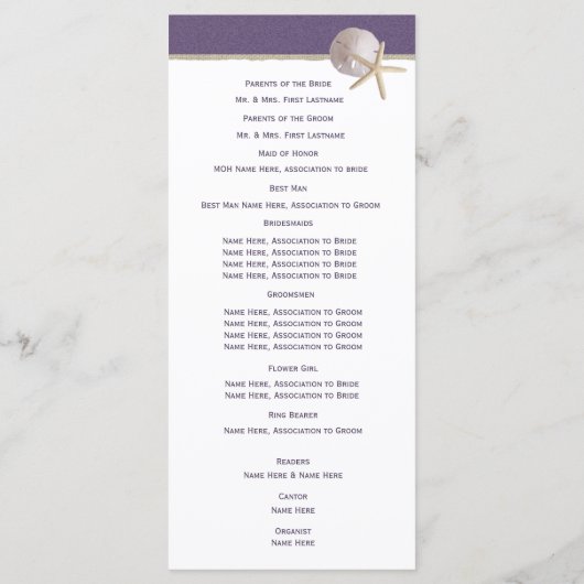 Starfish en Burlap Paarse strand huwelijksprogramm Programma (Achterkant)